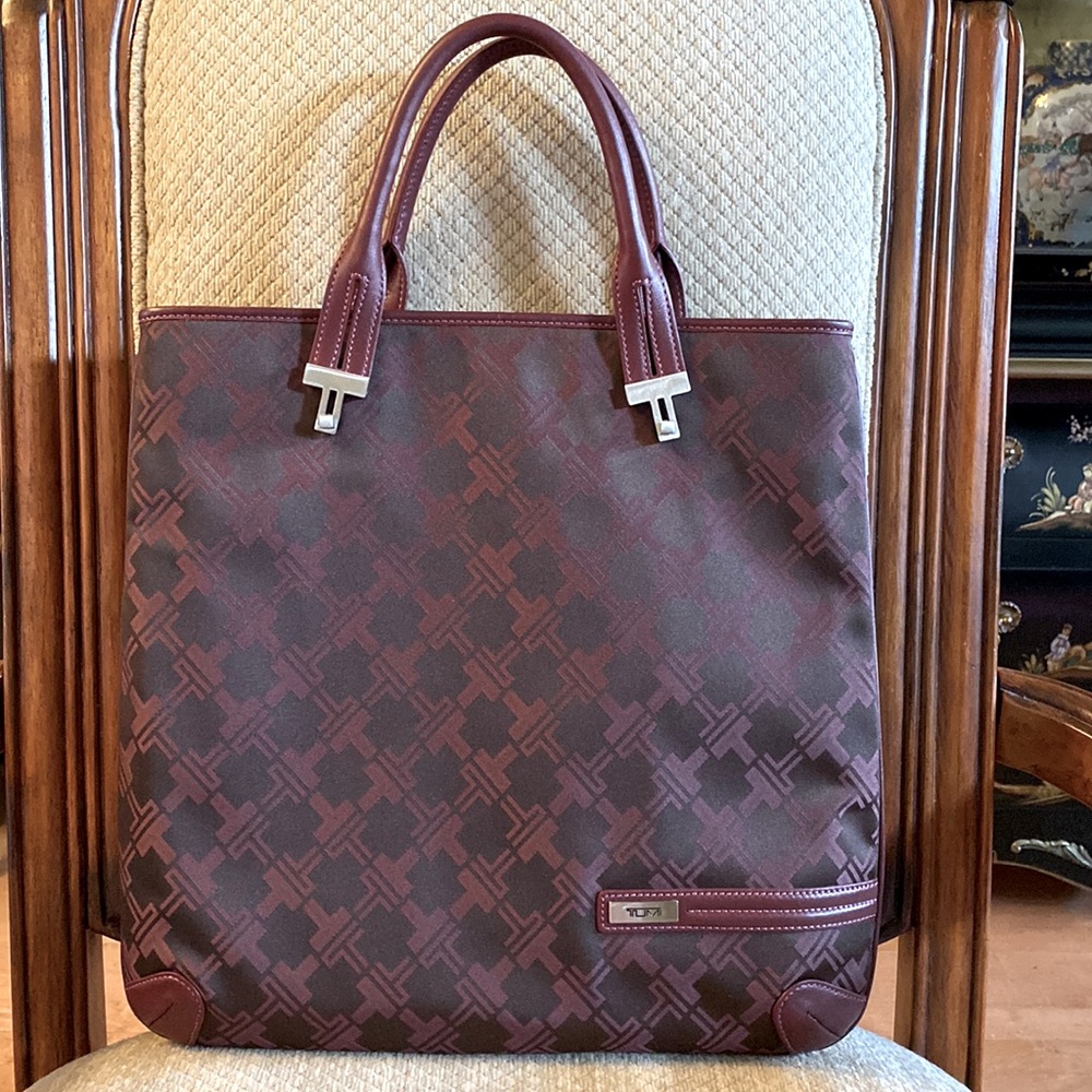 TUMI BURGUNDY leather trim monogram canvas tote